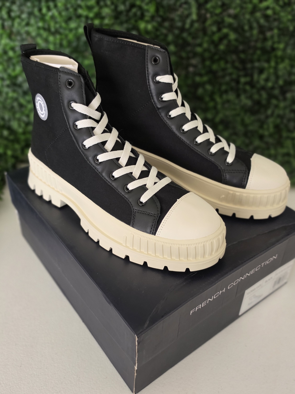 French Connection Black High-Top Canvas Sneakers with Cream Sole